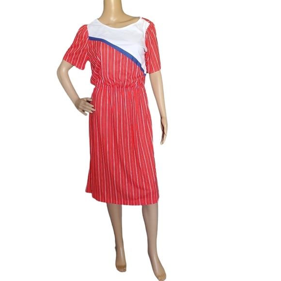 Vintage 70s Red With & Blue Striped Bluson Short Sleeve Day Dress - Picture 1 of 8